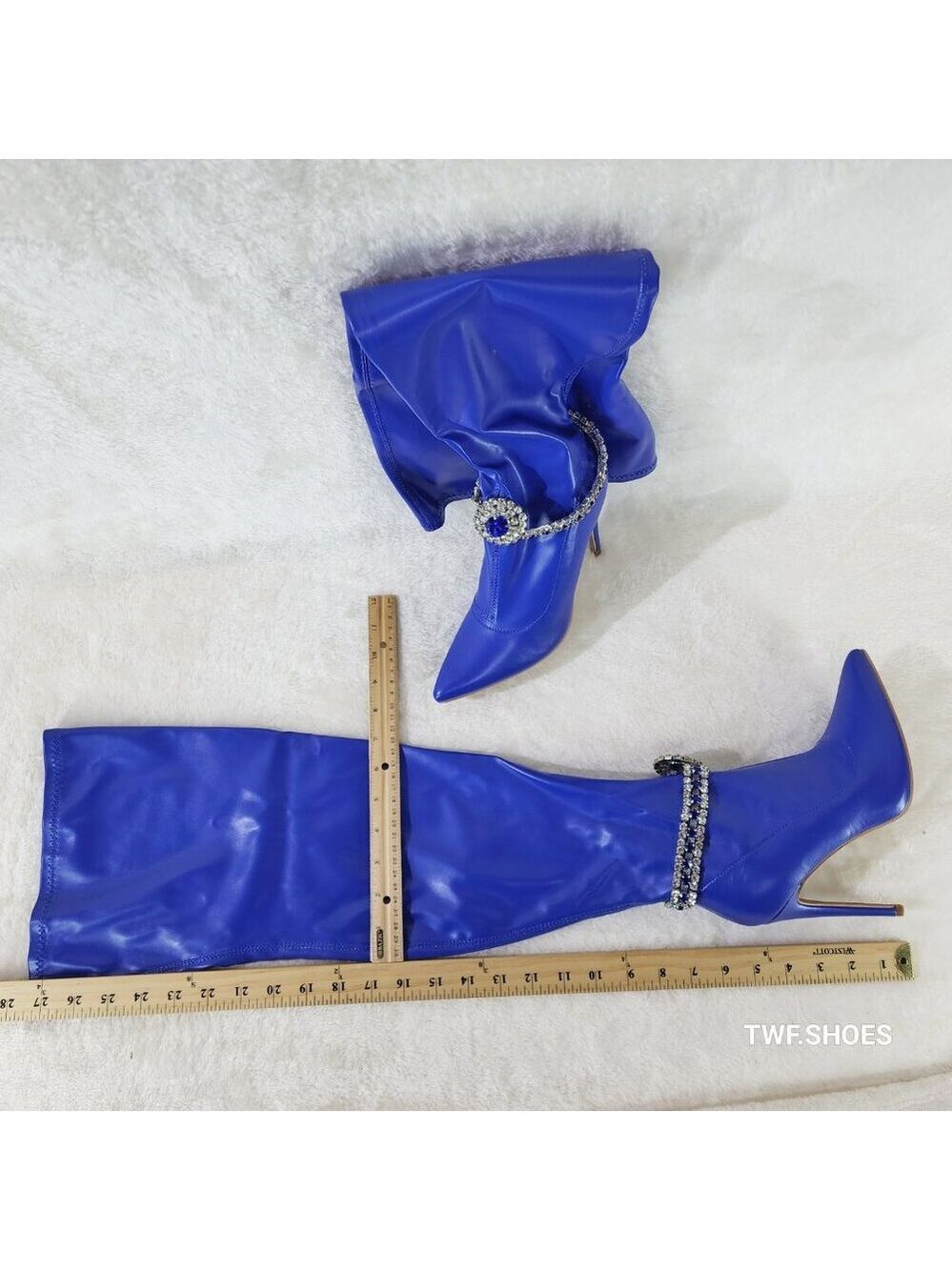 Lawless Bold Blue Stretch Leatherette Rhinestone Ankle Bracelet Thigh High Boots - Picture 12 of 17